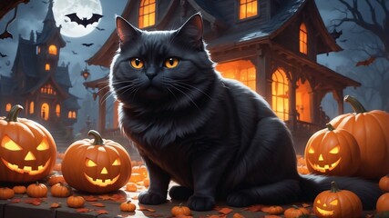 Wall Mural - halloween concept, fat black cat set on big orange evil pumpkin with a lot of candy, bats and ghosts flying in background and horror style and haunted house