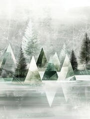Poster - A winter wonderland adorned with Christmas trees made of geometric shapes, creating a tranquil and artistic forest setting. Generative AI