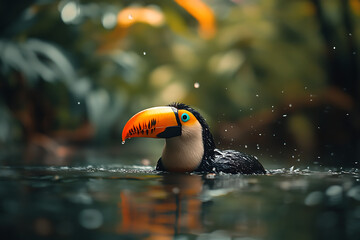 A toucan swimming in a lush, green environment with water droplets around.