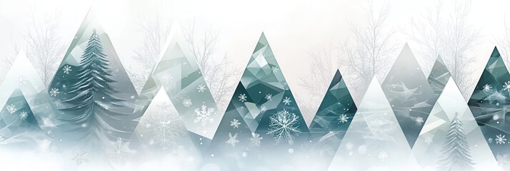 Aufkleber - Abstract geometric shapes create a winter wonderland featuring Christmas trees of different sizes in a serene forest setting. Generative AI