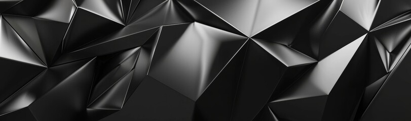 Poster - Rendering in 3D, abstract black crystal background, faceted texture, macro panorama, wide panoramic polygonal wallpaper