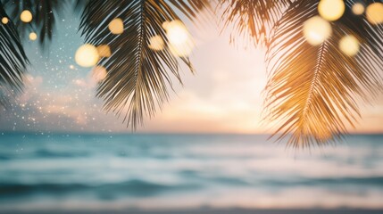 Canvas Print - Hazy sea and sky, twinkling light bokeh, whispering palms, summer vacation feel, relaxed mood.