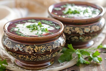 Two Rustic Bowls Filled with Vibrant Beetroot Soup Garnished with Fresh Herbs and Sour Cream