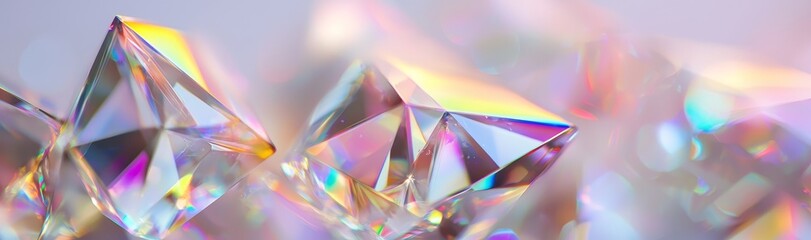 Poster - A wide panorama polygonal wallpaper with an abstract crystal background, iridescent texture, macro view, faceted gem, and a 3D render of an abstract crystal background