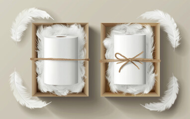 Sticker - Toilet paper roll package in wrapping with branding and white feathers