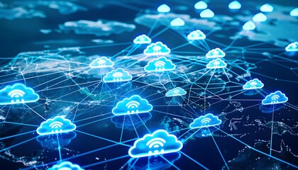 Poster - a digital illustration of cloud computing networks over a global map, showcasing connectivity and te