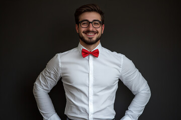 Portrait of stylish and smiling young man exuding happiness, confidence, and positive energy in professional studio setup background, showcasing modern fashion and charismatic personality