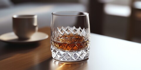 Wall Mural - A glass of whiskey on a wooden table.