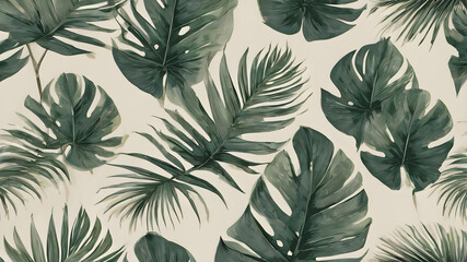 Wall Mural - Tropical palm leaf pattern with a light beige background