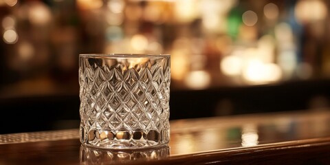 Sticker - Empty cut-glass tumbler on a bar counter.