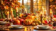 © Achiraya - A Heartwarming And Festive Stock Photo Depicting A Table Elegantly Set For Thanksgiving Dinner, Adorned With A Centerpiece, Candles, And A Scattering Of Autumn Leaves.