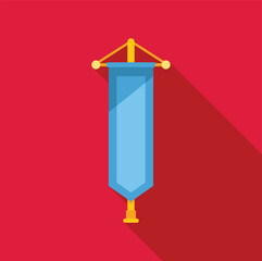 Poster - blue vertical banner hanging on a wall casting a long shadow over a red background