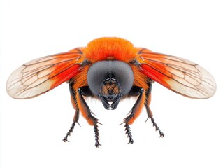 red-winged bee fly: a detailed macro photograph capturing the vibrant red wings and hairy body of a 