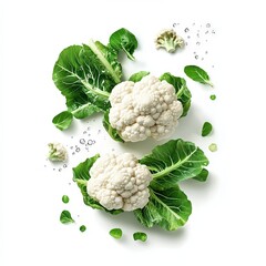 Wall Mural - Fresh cauliflower on green leaves, ideal for healthy recipes and organic food photography, highlighting natural produce.