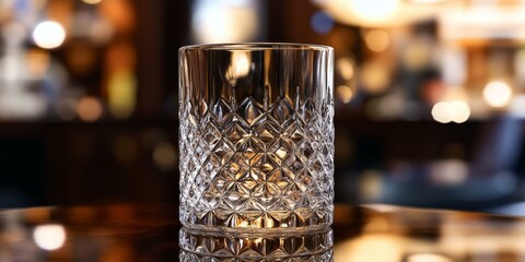 Poster - Cut glass tumbler on a wooden table.