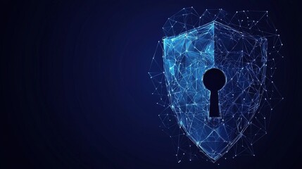 Poster - Illustration showing security shield protection using lines, triangles, and particles.