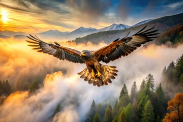 A majestic golden eagle soars through a misty valley, wings outstretched, piercing gaze scanning the lush green landscape below, freedom and power embodied.