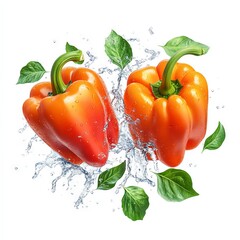 Fresh orange bell peppers splash water with vibrant green leaves, perfect for healthy cooking and vibrant food presentations.