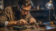 © Татевик Багдасарян - A bearded man works with intricate electronic parts under warm lighting. His focus is entirely on the task as he repairs delicate components. Space for text.