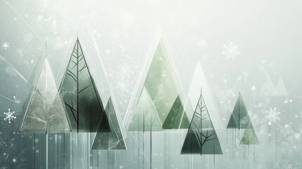 Poster - Abstract geometric shapes create a forest of Christmas trees, with triangles in different sizes set against a snowy backdrop. Generative AI