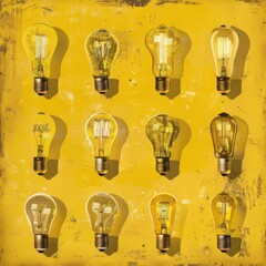 An array of vintage light bulbs displayed on a yellow textured background. The mix of different bulbs creates a visually intriguing pattern that symbolizes creativity and innovation.