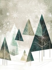 Poster - Abstract geometric Christmas trees vary in size and shape, creating a whimsical winter forest enveloped in gentle snowfall. Generative AI