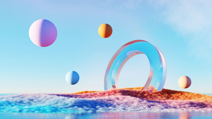Wall Mural - 3d render, abstract surreal landscape with colorful scene, pastel ball floating around glass circle 