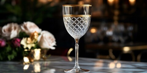 Sticker - A crystal wine glass with a gold rim on a