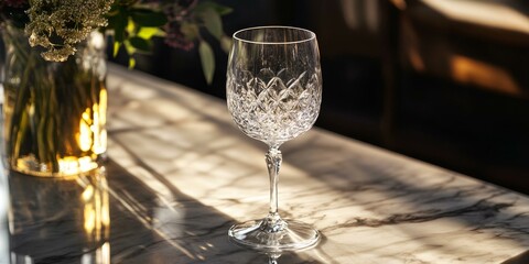 Sticker - Crystal wine glass on marble table.