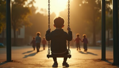 A young child swings alone at sunset while friends play nearby in a park setting, capturing a moment of solitude and joy. Generative AI