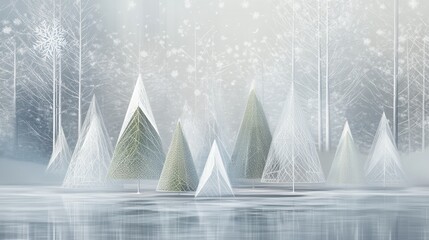 Poster - A tranquil winter forest showcases abstract Christmas trees crafted from a variety of triangular forms covered in soft snow. Generative AI