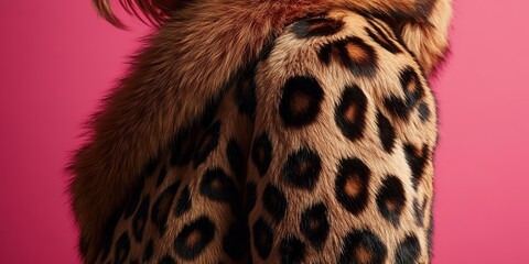 Sticker - Leopard print fur coat on pink background.