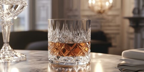 Poster - Crystal glass filled with amber liquid, on a table.