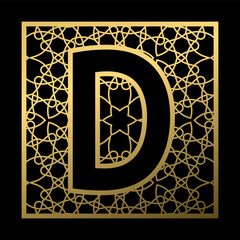 Poster - Letter D is carved in vintage patterned square on black background. Golden monogram in vintage style.