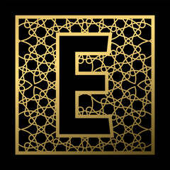 Poster - Letter E is carved in vintage patterned square on black background. Golden monogram in vintage style.
