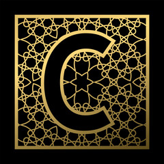 Poster - Letter C is carved in vintage patterned square on black background. Golden monogram in vintage style.