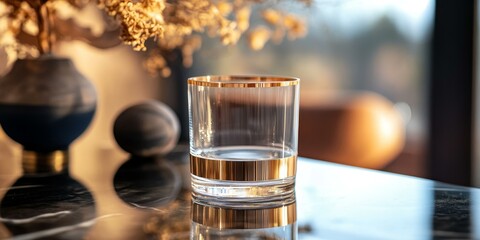 Poster - Gold rimmed glass on black marble table.