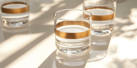 Poster - Three gold-rimmed glasses filled with water.