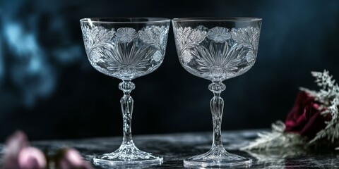 Sticker - Two engraved crystal glasses on a black background.