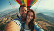 © Alison - European couple in a hot air balloon in nature. Hot air balloon ride over mountains. Happy couple on a vacation holiday honeymoon date engagement excursion trip. Italian Spanish German Mediterranean