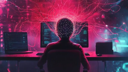 A person sitting in front of a computer, with digital wires extending from the screen into their brain, symbolizing control.