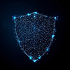 Poster - Dark blue background with a futuristic glowing low polygonal shield symbol.