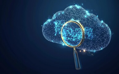 Poster - Big data information exchange with cloud online storage. Magnifying glass with analytics data.