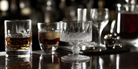 Wall Mural - Four glasses on a dark wooden surface.