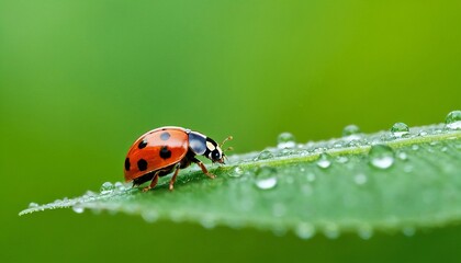 A red ladybug with black spots crawls on a green leaf covered with dew drops.