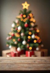 Canvas Print - Wooden Tabletop with Blurred Christmas Tree Background, Christmas , Holiday , Decoration , Festive - Product display