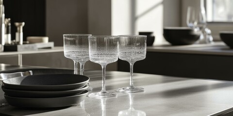 Canvas Print - Three wine glasses and stacked plates on a table.