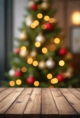 Wall Mural - Wooden Tabletop with Blurred Christmas Tree Background, Christmas , Holiday , Decoration , Festive - Product display