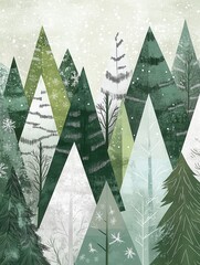 Poster - In a tranquil winter landscape, Christmas trees made of geometric triangles rise in varying sizes, covered with delicate snowflakes. Generative AI