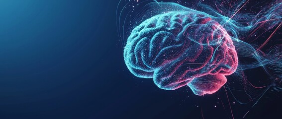 Poster - This digital piece of artwork illustrates the anatomy, neurology, and healthy body concepts of human brine on a blue neon background. It is a wireframe digital illustration done in low poly,